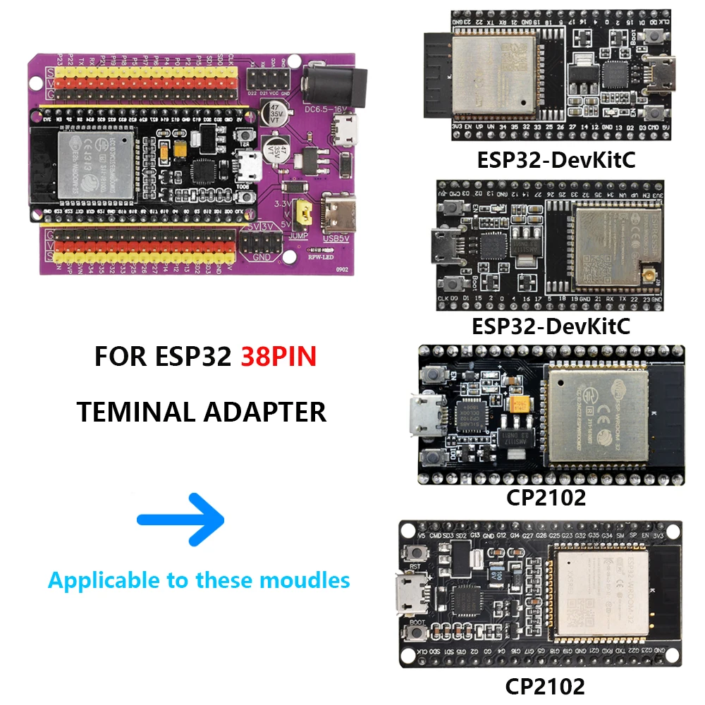 ESP32 Development Board TYPE-C/MICRO USB CP2102 WiFi+Bluetooth Dual Core ESP32-DevKitC-32 ESP-WROOM-32 Expansion Board 38PINS
ESP32 Development Board TYPE-C/MICRO USB CP2102 WiFi+Bluetooth Dual Core ESP32-DevKitC-32 ESP-WROOM-32 Expansion Board 38PINS