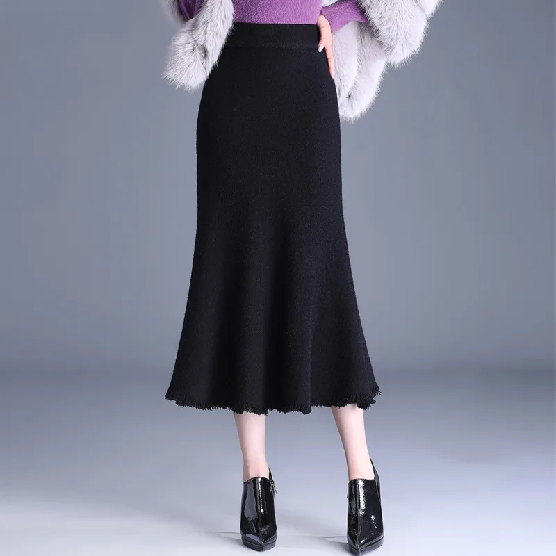 

Elastic High Waist Knitting Wool Black Bodycon Long Skirt Women Autumn Winter Elegant Chic Slim Fit Casual Fishtail Skirts 516L