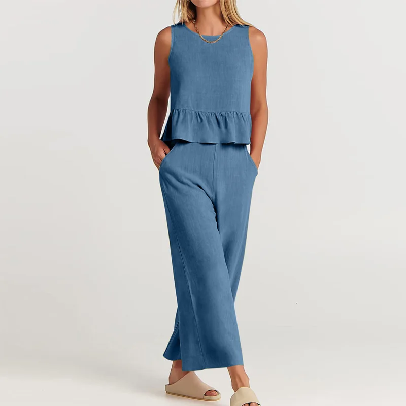Spring O Neck Sleeveless Tank Top Wide Leg Pants Suit Vintage Casual Solid Cotton Linen Outfits Summer Back Button Ruffle Sets 
Spring O Neck Sleeveless Tank Top Wide Leg Pants Suit Vintage Casual Solid Cotton Linen Outfits Summer Back Button Ruffle Sets