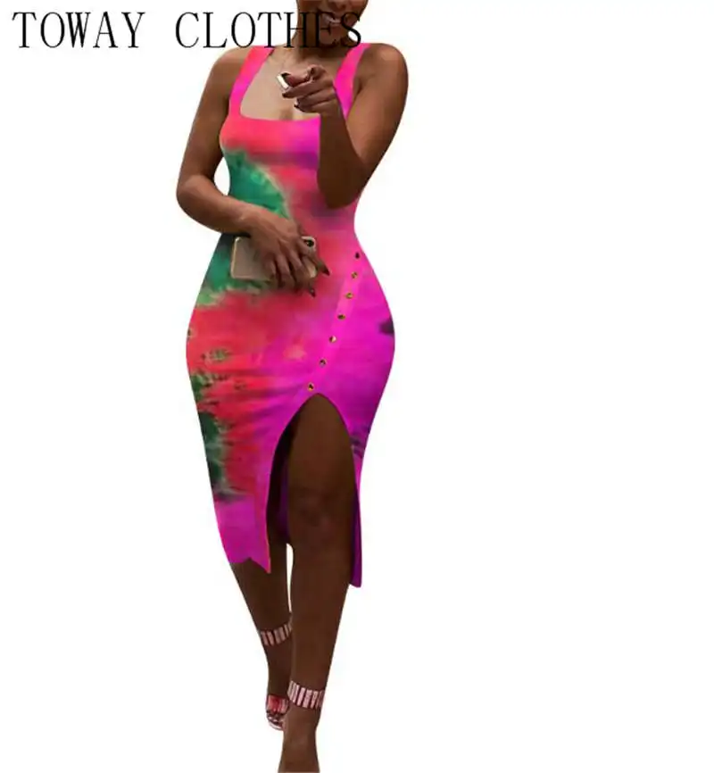 2024 NEW Women Tie Dye Print Sleeveless O-neck Knitted Side Split Button Up Bodycon Midi Knee Length Pencil Tank Dress
2024 NEW Women Tie Dye Print Sleeveless O-neck Knitted Side Split Button Up Bodycon Midi Knee Length Pencil Tank Dress