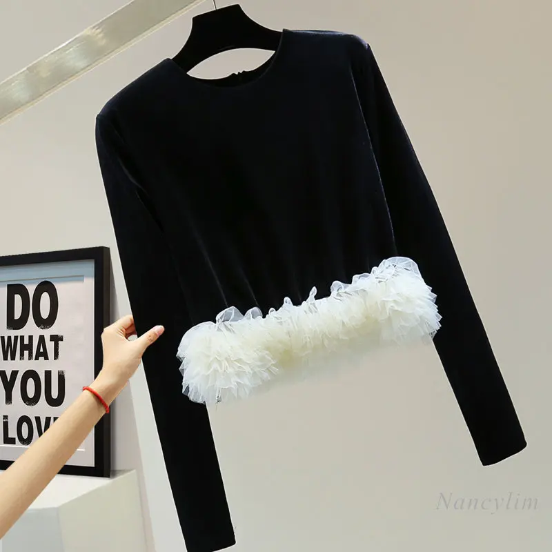 Mesh Stitching Velour Long Sleeve T-shirt for Women Spring Autumn High Waist Short Round Neck Color Matching Zipper Top 2023
Mesh Stitching Velour Long Sleeve T-shirt for Women Spring Autumn High Waist Short Round Neck Color Matching Zipper Top 2023