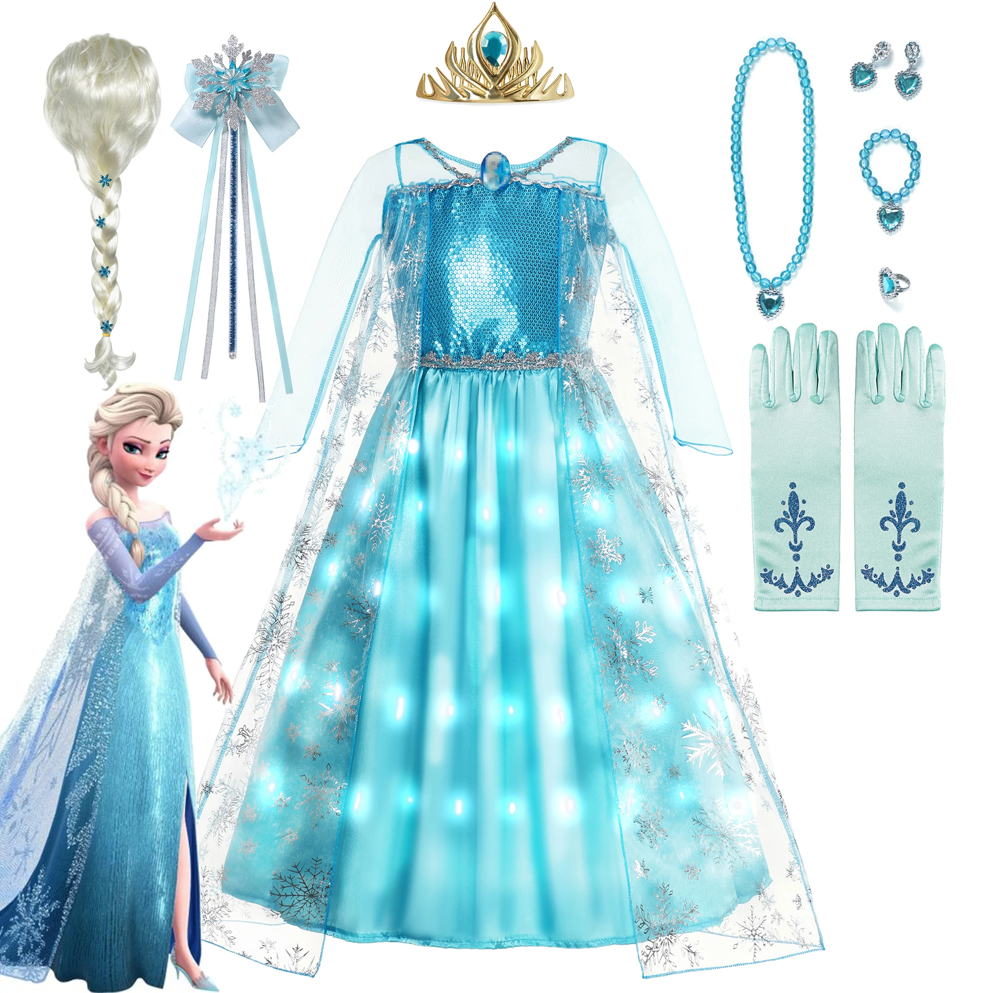 

Платье принцессы Эльзы со светодиодной подсветкой для девочек, платье Снежной королевы, косплей, день рождения, детская одежда, карнавальные Замороженные костюмы
