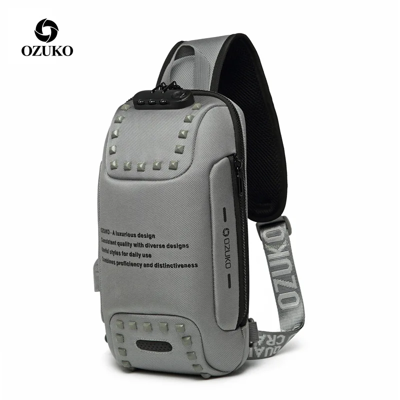 

Crossbody OZUKO Bags Men RivetAnti-theft Messenger Bag USB Charging Chest Pack Short Trip Water Repellent Shoulder Bag Fashion