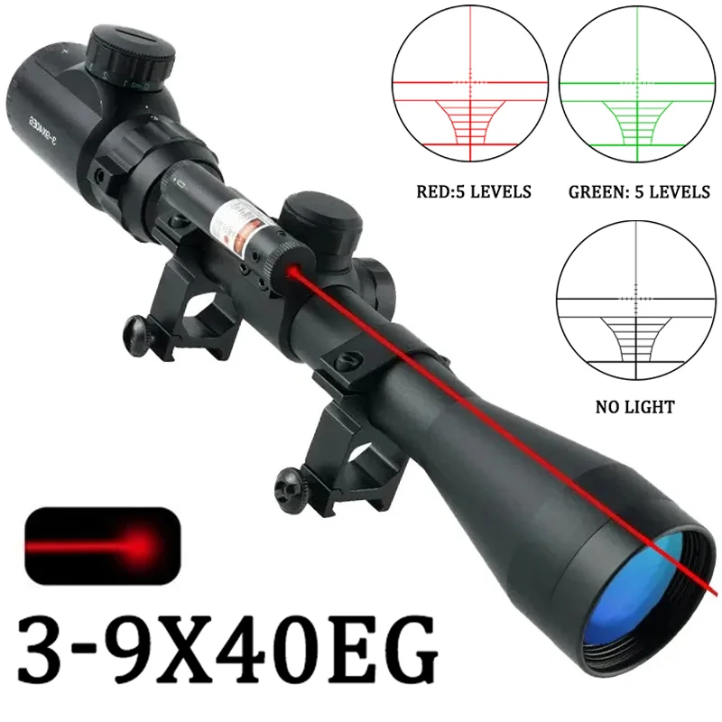 

3-9x40EG Optics Scopes with Laser Sight Air Rifle Scope Red/Green Reticle Optical Tactical Riflescope Airsoft Sight for Hunting