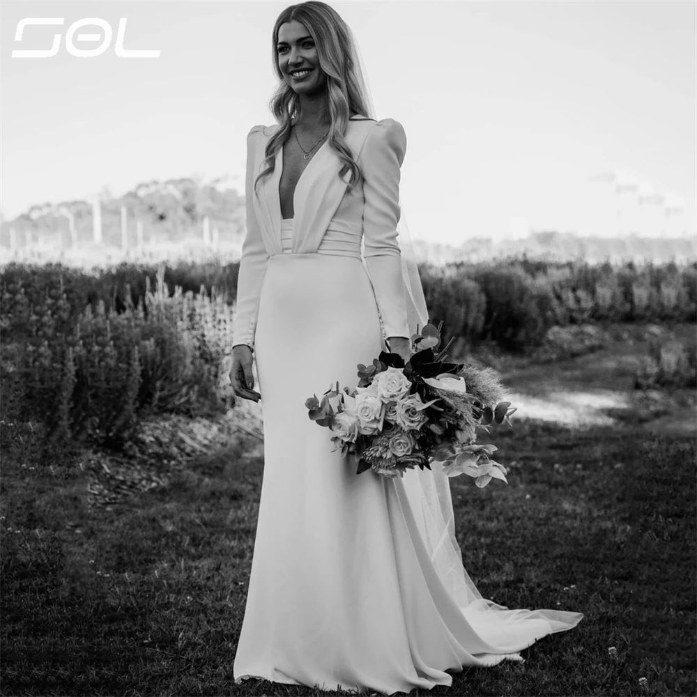 SOL Simple Long Sleeves Deep V Neck Satin Wedding Dresses Elegant Pleat Backless Mermaid Bridal Gowns Boho Vestidos De Novia
SOL Simple Long Sleeves Deep V Neck Satin Wedding Dresses Elegant Pleat Backless Mermaid Bridal Gowns Boho Vestidos De Novia