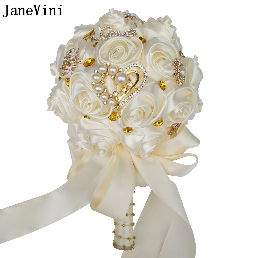 

JaneVini Gold Crystal Diamond Bridal Wedding Bouquet Pearls Ivory Ribbon Rose Beaded Bride Flower Bouquet Fleurs Fleur Bordeaux