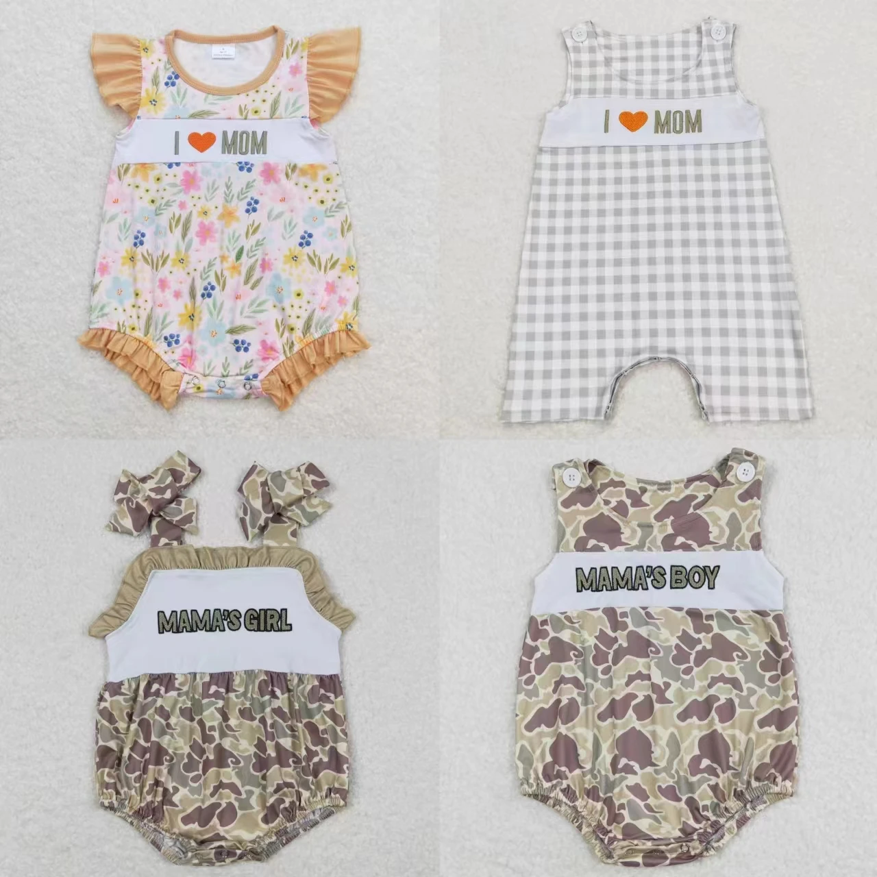 

Wholesale Kids Toddler Embroidery Sleeveless Mama's Boy Girl Jumpsuit Camo Floral Mom Bubble One-piece Newborn Romper Clothing