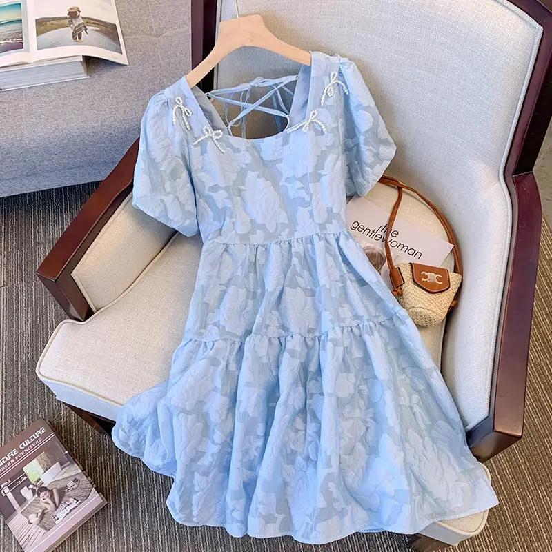 

Женское жаккардовое платье с пышными рукавами, элегантные синие платья для женщин, Новинка лета 2023, женская одежда с квадратным вырезом и открытой спиной