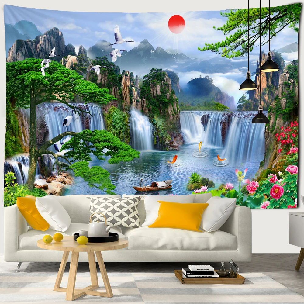 

Nature Landscape Tapestry High Mountain With Waterfall Birds Sunset Flower Tapestry Wall Hanging Home Decoration Wall Blanket