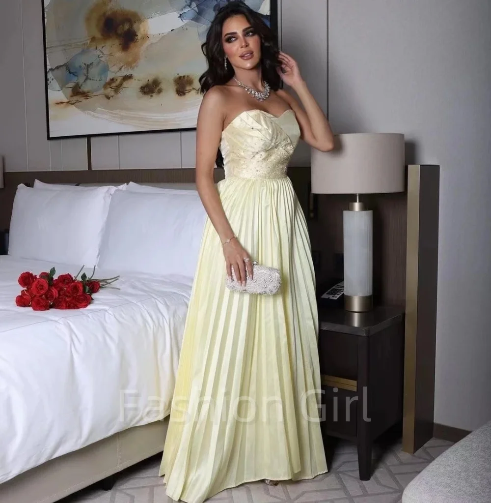 Elegant Light Yellow Pleats A Line Prom Dresses Beaded Ruched Sweetheart Formal Occasion Ladies Wear Summer Party Evening Gown
Elegant Light Yellow Pleats A Line Prom Dresses Beaded Ruched Sweetheart Formal Occasion Ladies Wear Summer Party Evening Gown