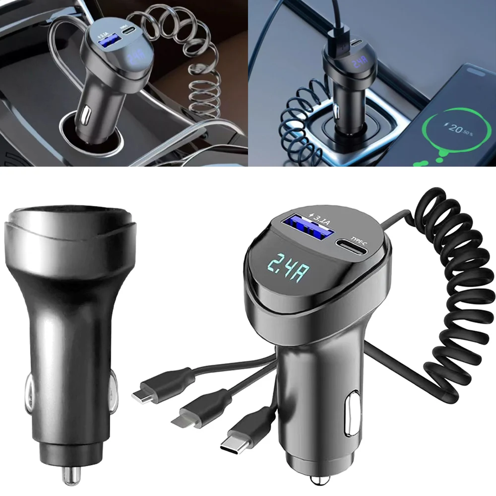 

3.1A 55W USB Fast Car Phone Charger 2 Ports with Voltage Display Car Three In One USB Retractable Charging Cable