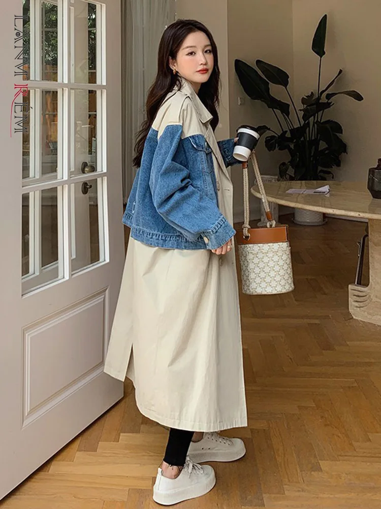 

LANMREM Denim Stitching Trench Coat For Women 2024 Spring New Lapel Double Breasted Loose Fashion Long Windbreaker 2R7806