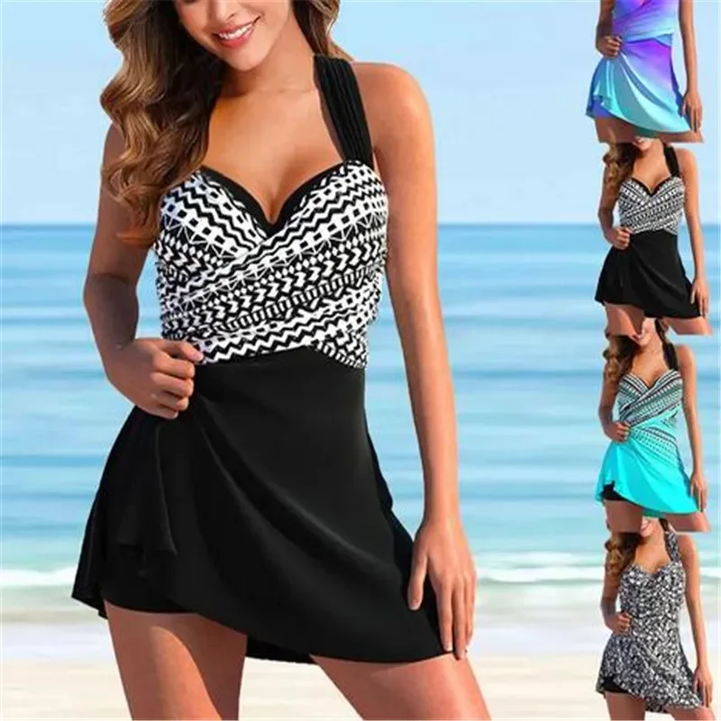 

2023 New Summer Women High Waist Beachwear Swim Tankini Monokini Swimwear Bathing Suit Two Pieces Swimsuits Printed Tankinis