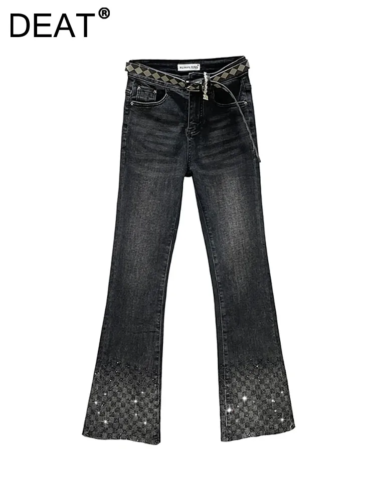 

DEAT Women's Micro Flared Jeans High Waist Diamonds Plaid Black Straight Stretch Denim Pants 2024 Spring New Fashion 29L6246