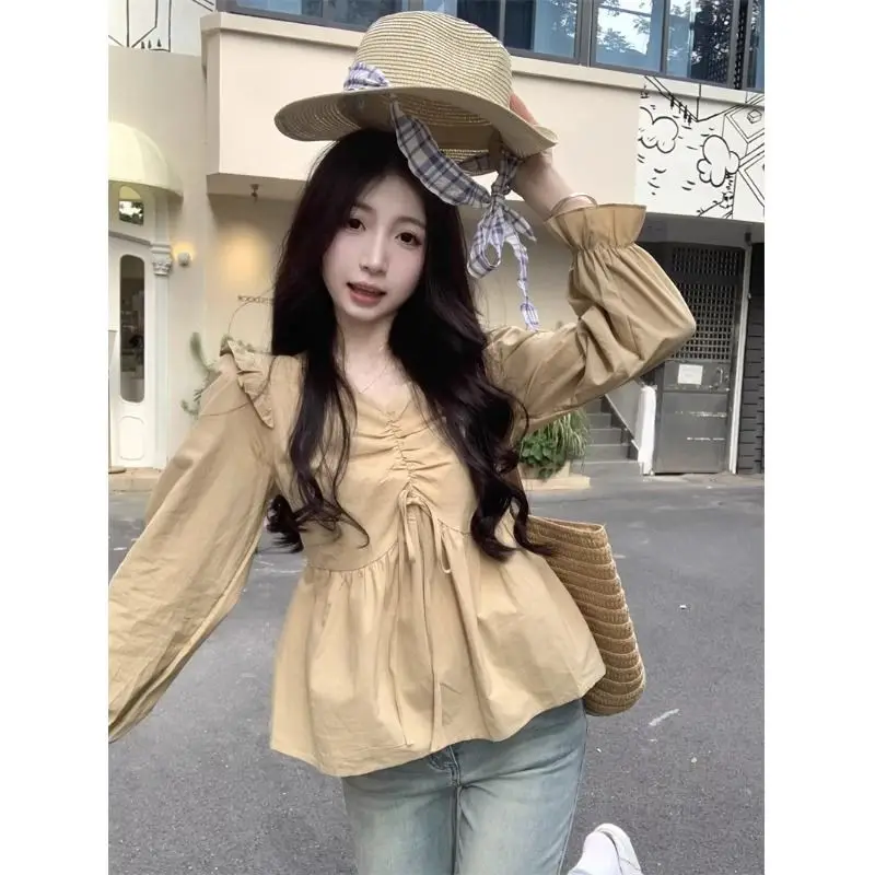 

Design French Ruffle Collar Loose Western Style Back Lace-up Long Sleeve Shirt Women's Spring and Autumn Youthful Undershirt Top