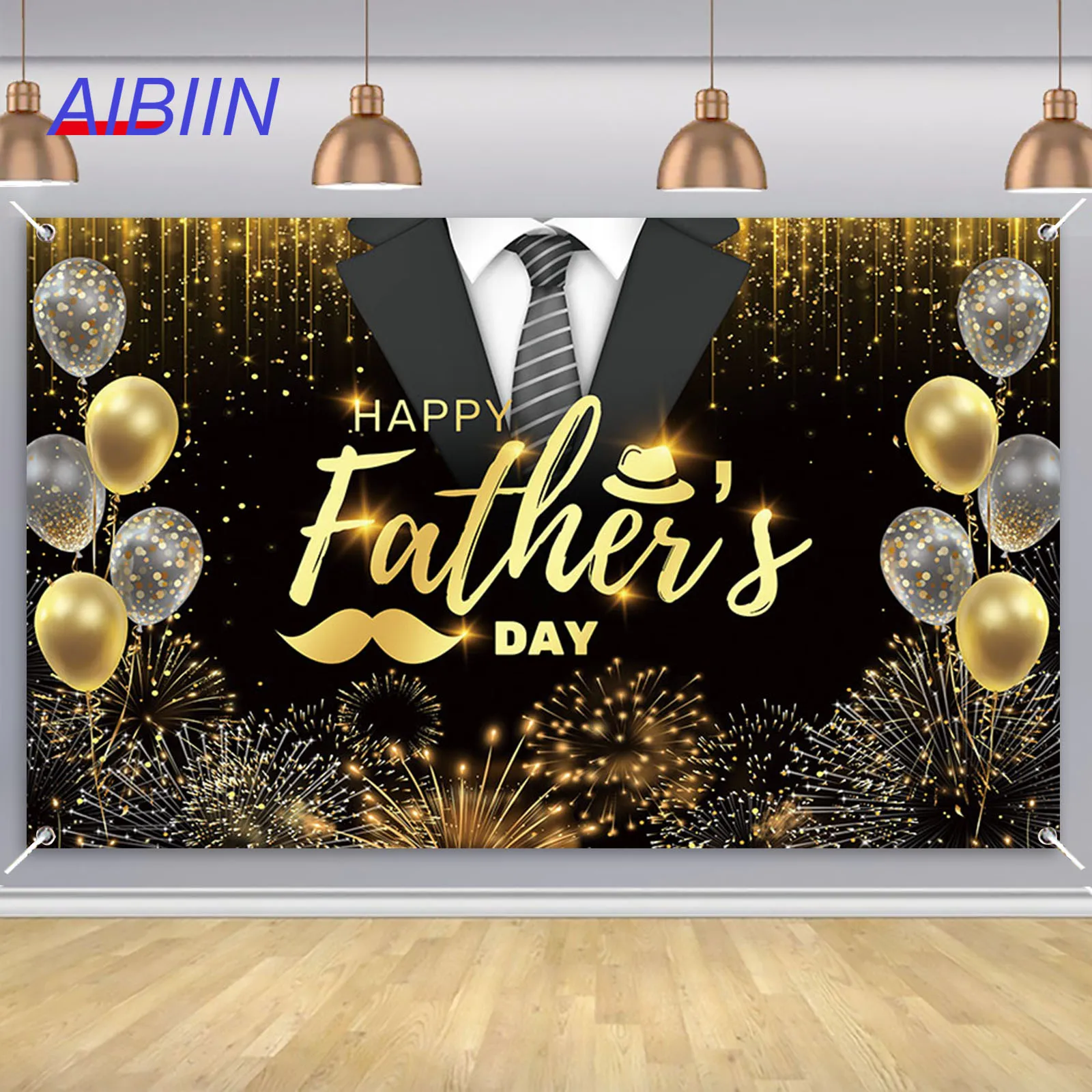 

AIBIIN Happy Father's Day Banner Backdrops Black Gold Gentleman Tuxedo Balloon Firework Party Decoration Flag Background