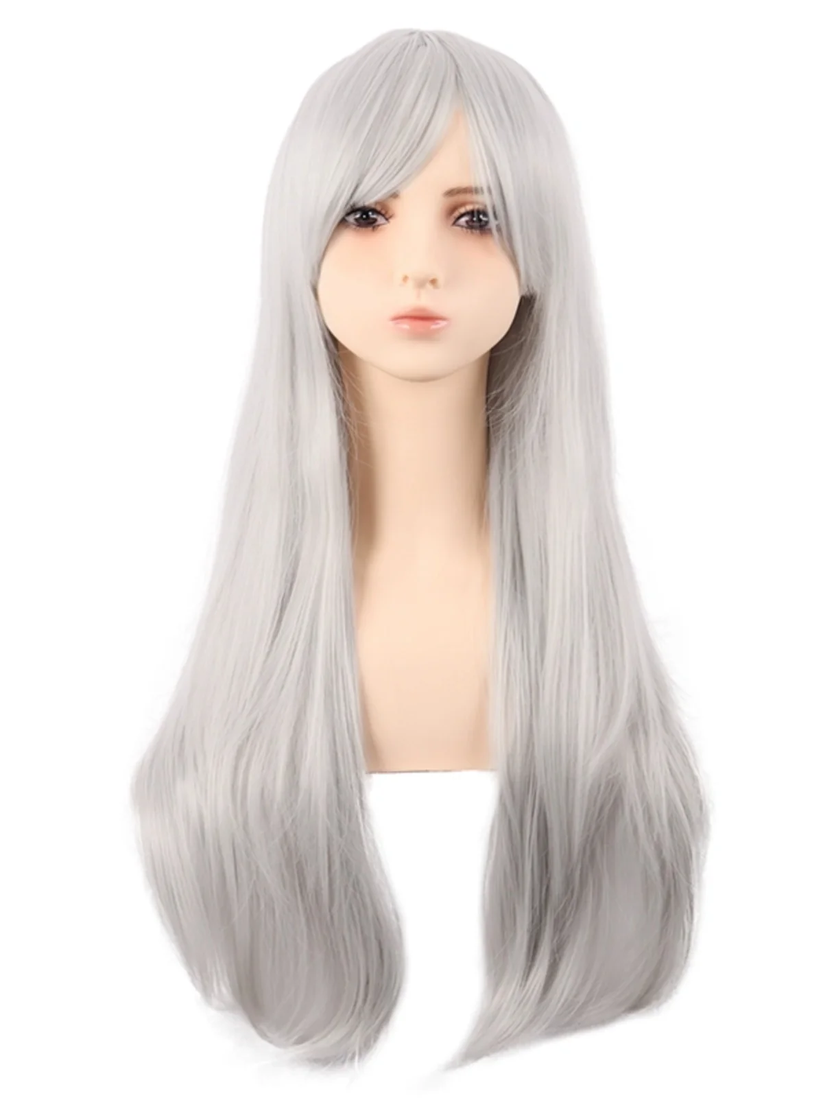 

Cos Wig Female Micro-Curly Long Hair Anime High Light Gray Silver Qi Side Bangs Universal Full