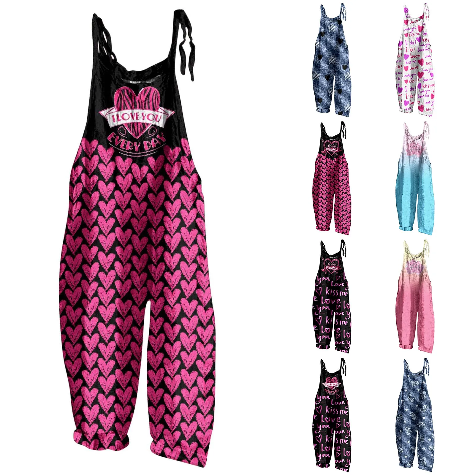 

Valentine's Day Printed Jumpsuits Women's Summer Retro Casual Suspender Jumpsuit Square Neck Sleeveless For Girls Playsuit