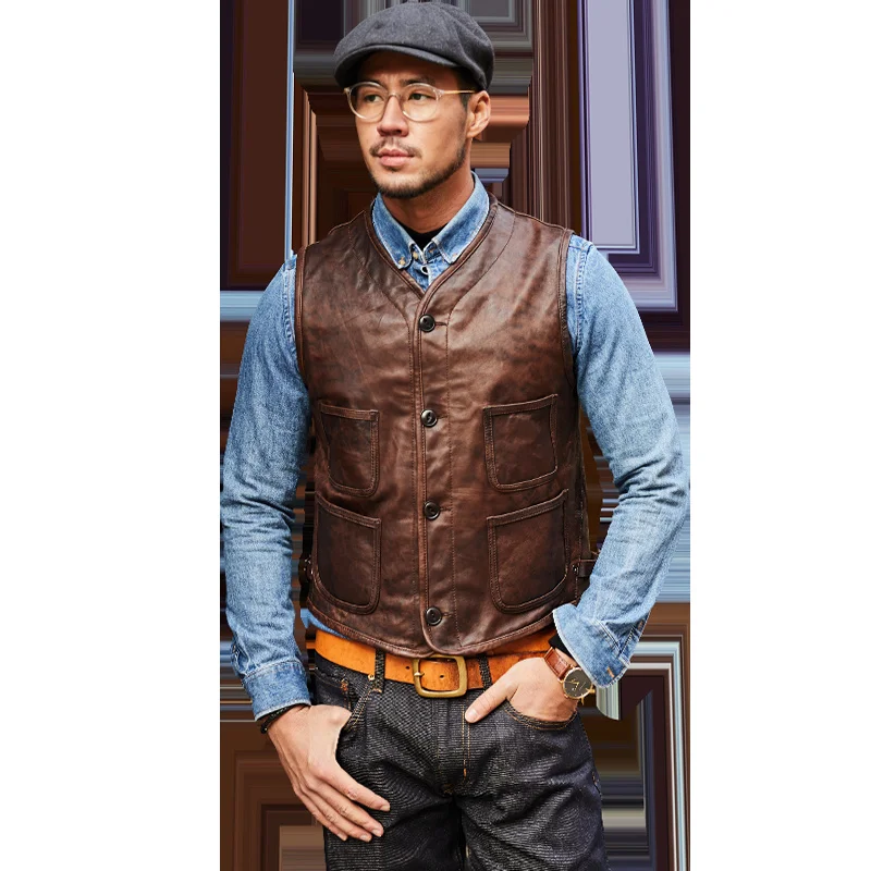 2023 Vintage Brown Men Slim Fit Casual Leather Vest Single Breasted Plus Size XXXL Genuine Thin Sheepskin Spring Natural Coat
2023 Vintage Brown Men Slim Fit Casual Leather Vest Single Breasted Plus Size XXXL Genuine Thin Sheepskin Spring Natural Coat