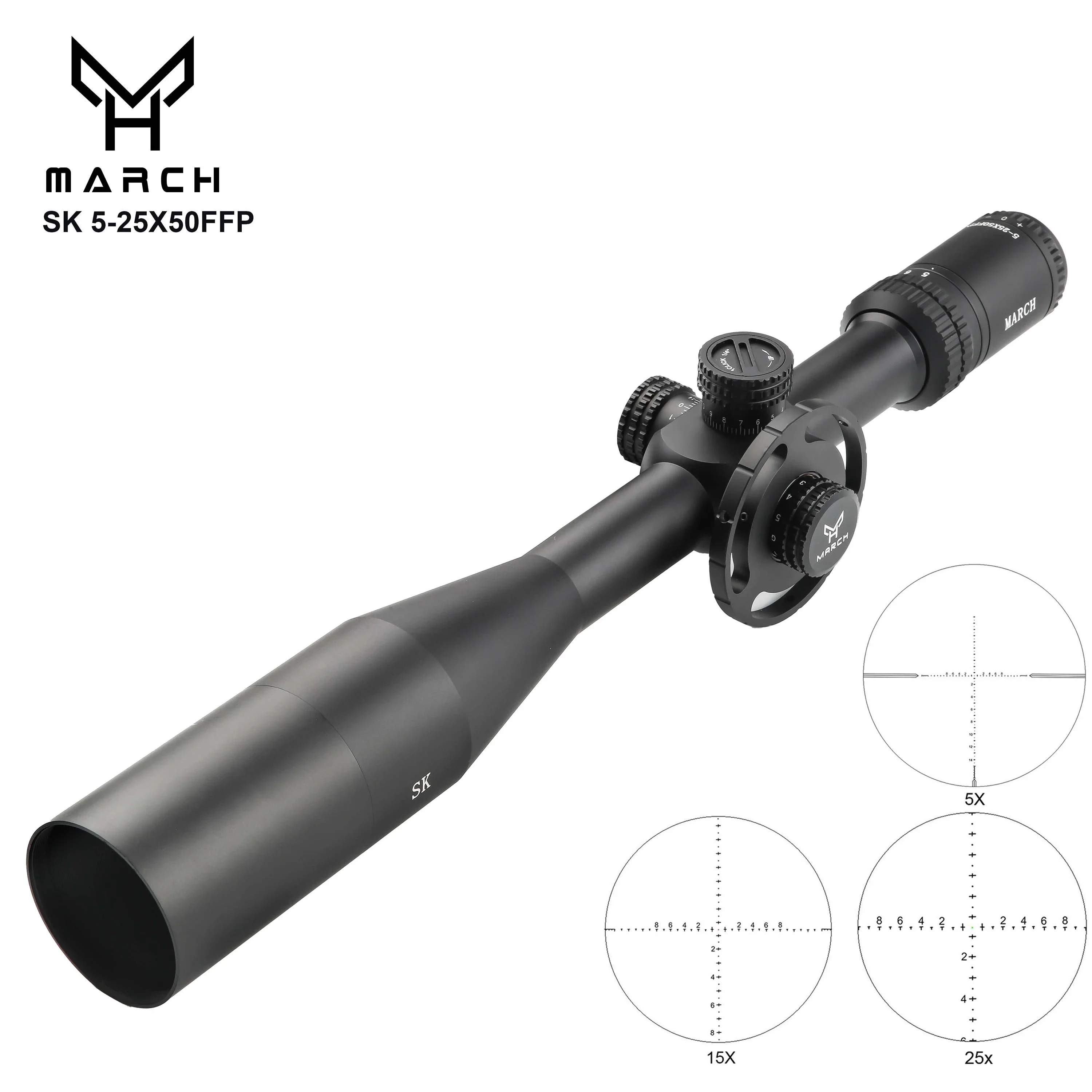 MARCH SK5-25X50 FFP большой колесный тактический оптический прицел, прицел с зеленым и красным светом для охотничьей винтовки, страйкбольного пневматического оружия
MARCH SK5-25X50 FFP большой колесный тактический оптический прицел, прицел с зеленым и красным светом для охотничьей винтовки, страйкбольного пневматического оружия
