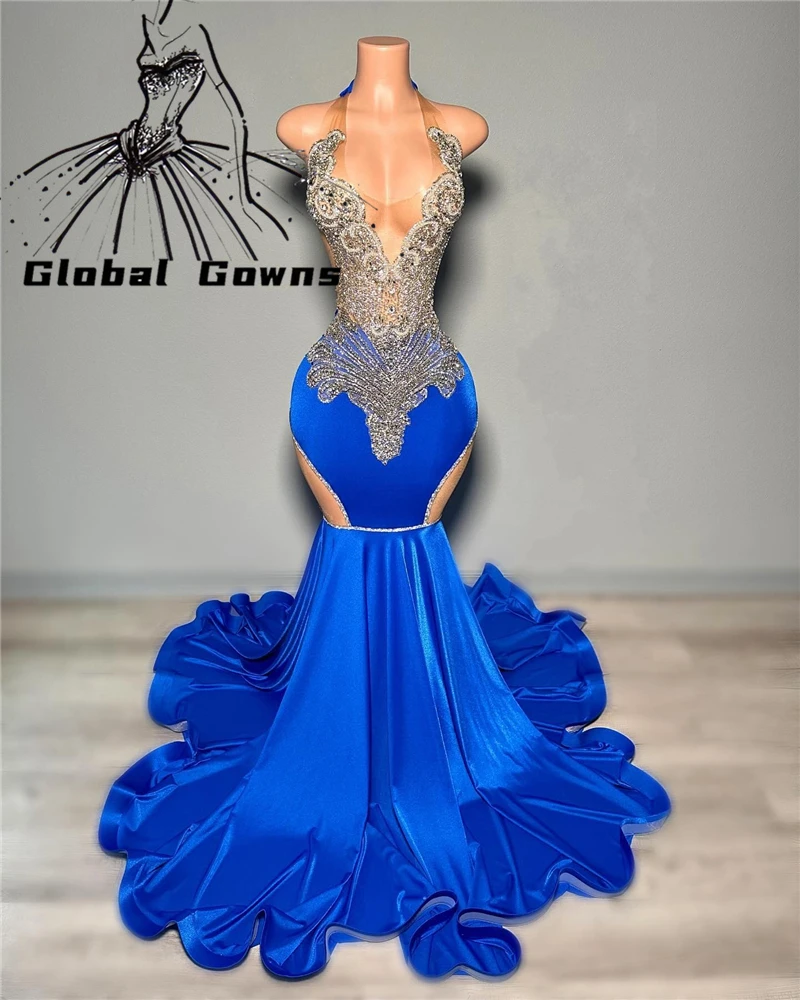 Royal Blue Halter Long Prom Gowns For Black Girls Beaded Crystal Birthday Party Dresses Mermaid Evening Dress Robe De Bal
Royal Blue Halter Long Prom Gowns For Black Girls Beaded Crystal Birthday Party Dresses Mermaid Evening Dress Robe De Bal