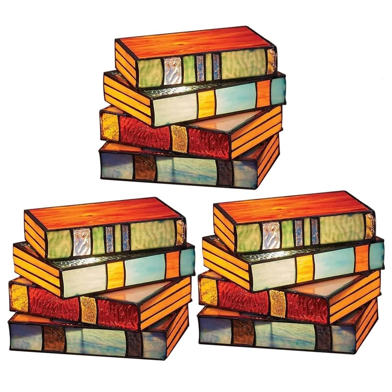 

3Piece Stained Glass Stacked Books Lamp Vintage Handcrafted Glass Nightstand Desk Book Lamps Multicolor