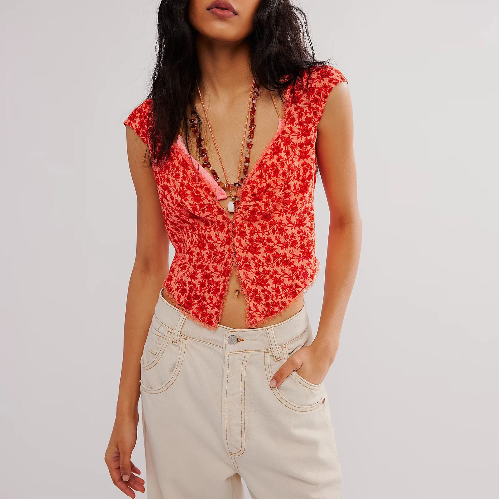 Combhasaki Women Y2K Vintage Summer Slim Fit Tops Cap Sleeve Deep V Neck Hook and Eye Closure Short Floral Irregular Hem T-shirt
Combhasaki Women Y2K Vintage Summer Slim Fit Tops Cap Sleeve Deep V Neck Hook and Eye Closure Short Floral Irregular Hem T-shirt
