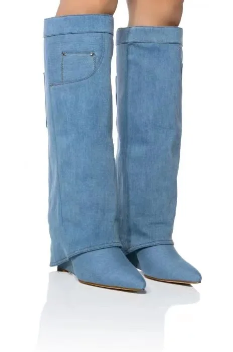 Sexy Pointed Toe Blue Jeans Wedges Pants Boots Women High Heels Slip-on Knee High Boots Ladies Pockets Denim Long Party Boots
Sexy Pointed Toe Blue Jeans Wedges Pants Boots Women High Heels Slip-on Knee High Boots Ladies Pockets Denim Long Party Boots