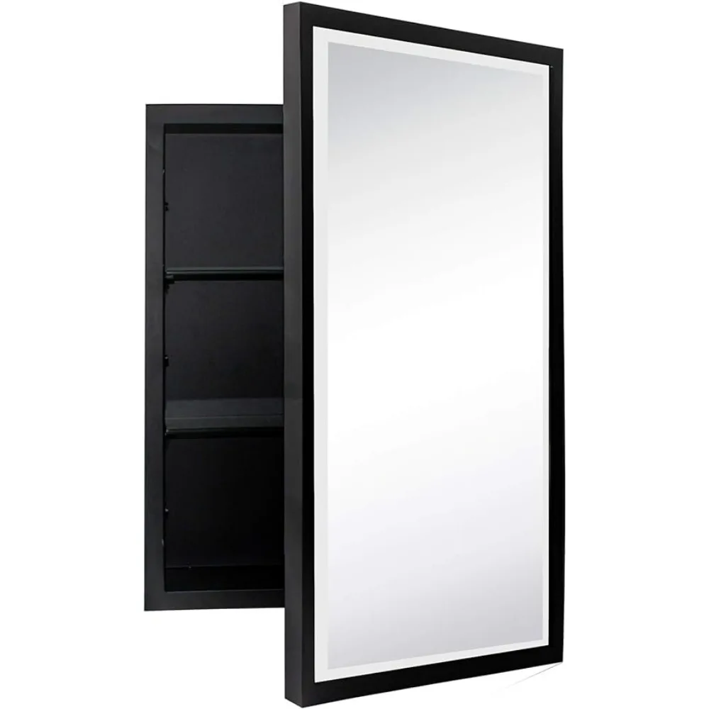 

Black Metal Framed Recessed Bathroom Medicine Cabinet With Mirror Rectangle Beveled Vanity Mirrors for Wall 16 X 24 Inches Home