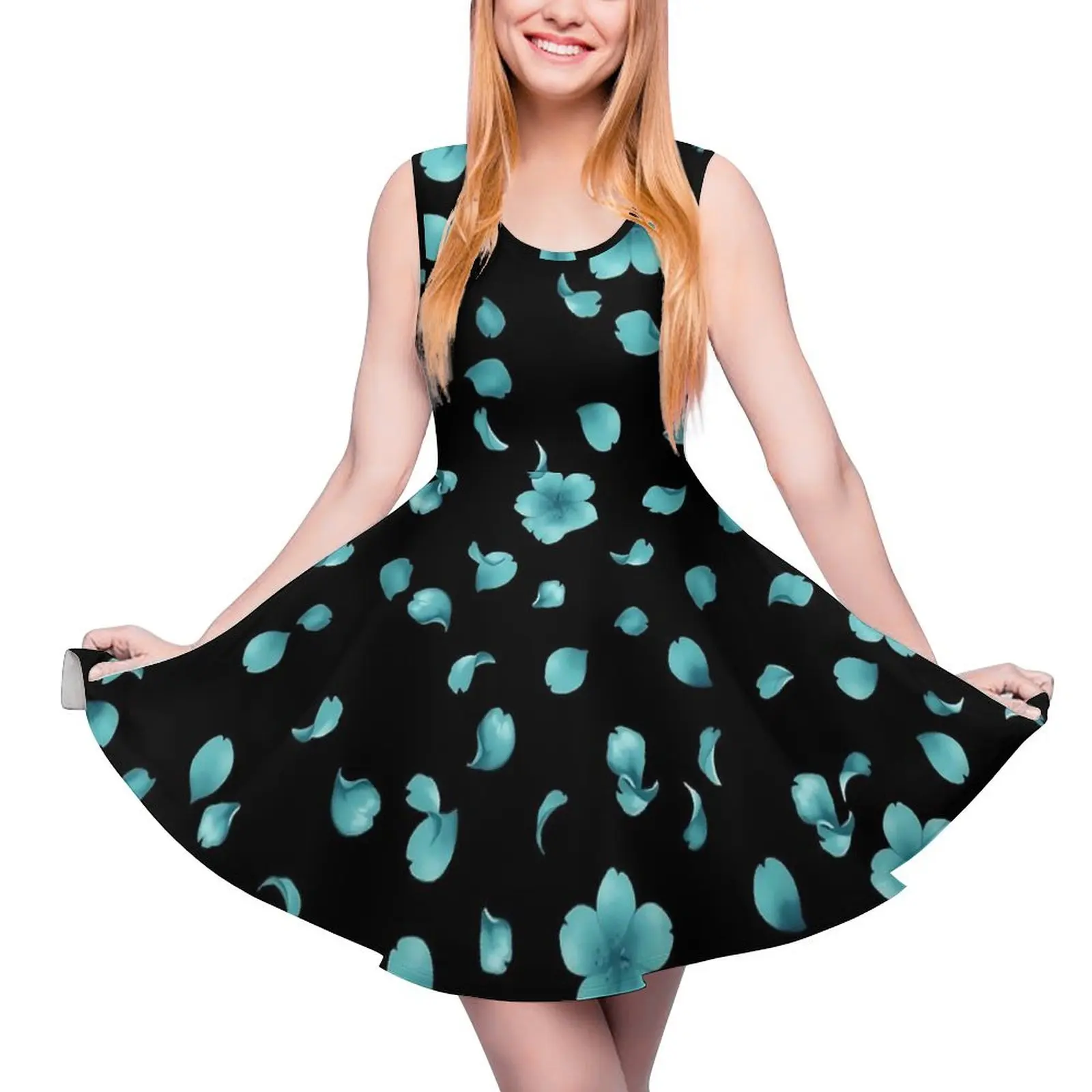 

Blue Fower Dress Falling Teal Sakura Kawaii Dresses High Waist Street Style Skate Dress Woman Graphic Clothes Birthday Gift