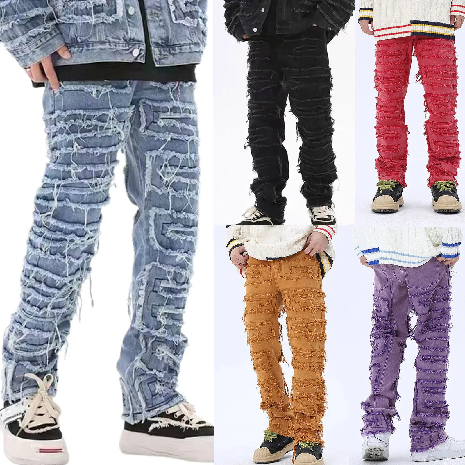 

Мужские джинсы скинни с бахромой в стиле хип-хоп, длинные облегающие штаны из денима в стиле панк-рок, синие розовые, уличная одежда