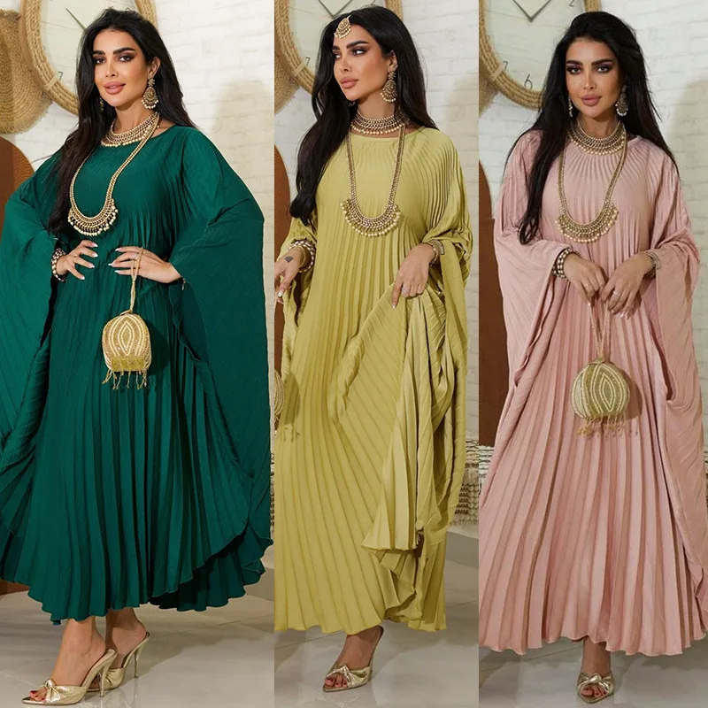 

Muslim Fashion Solid Pleats Maxi Size Batwing Sleeve Long Dresses 2024 New Saudi Moroccan Women Kaftan Turkish Abayas Ramadan