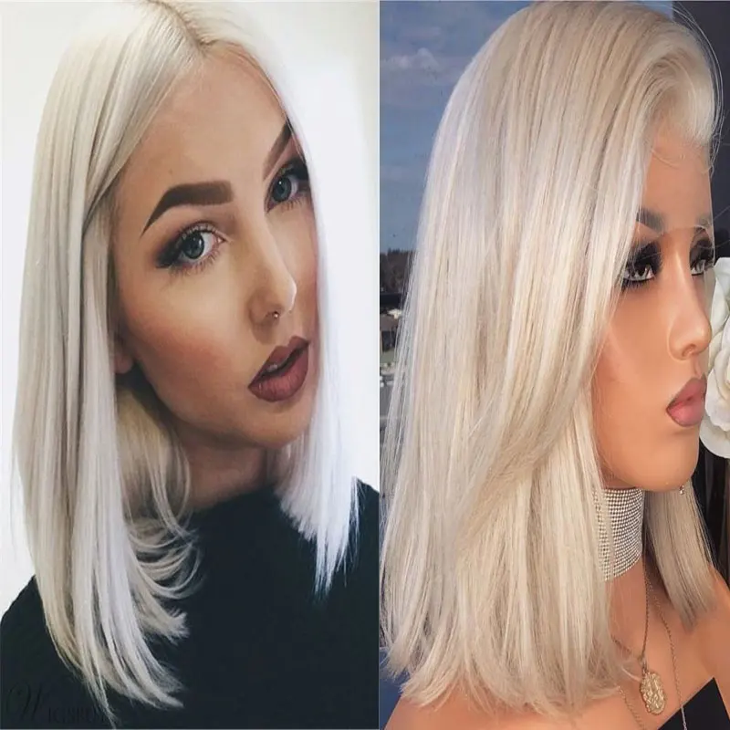 

Synthetic Lace Front Wig Platinum White Short Straight Bob Heat Resistant Fiber Hair Natural Hairline Side Parting For Women