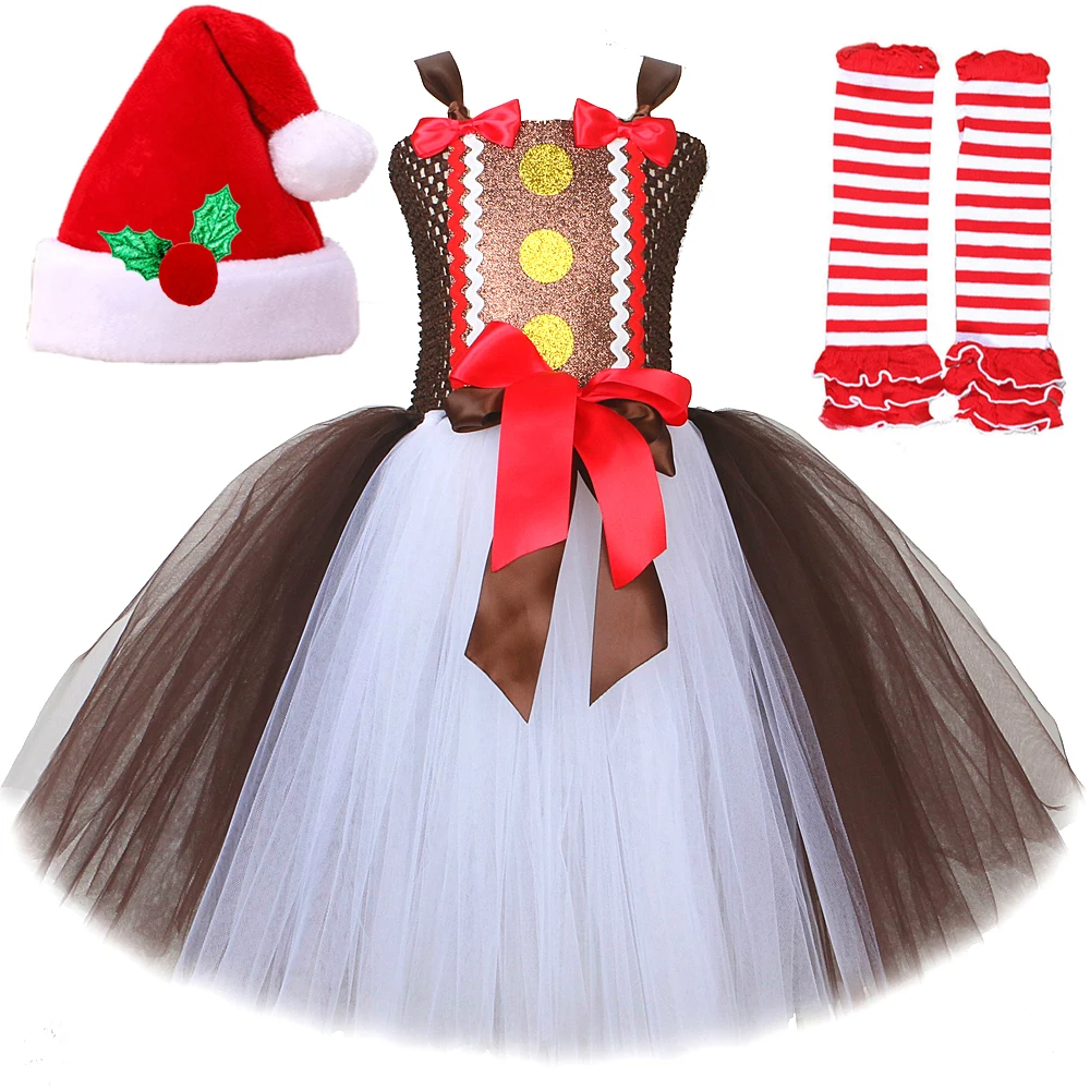 

Gingerbread Man Costumes for Girls Christmas Tutu Dress with Hat Socks Kids New Year Princess Outfit Child Xmas Carnival Clothes
