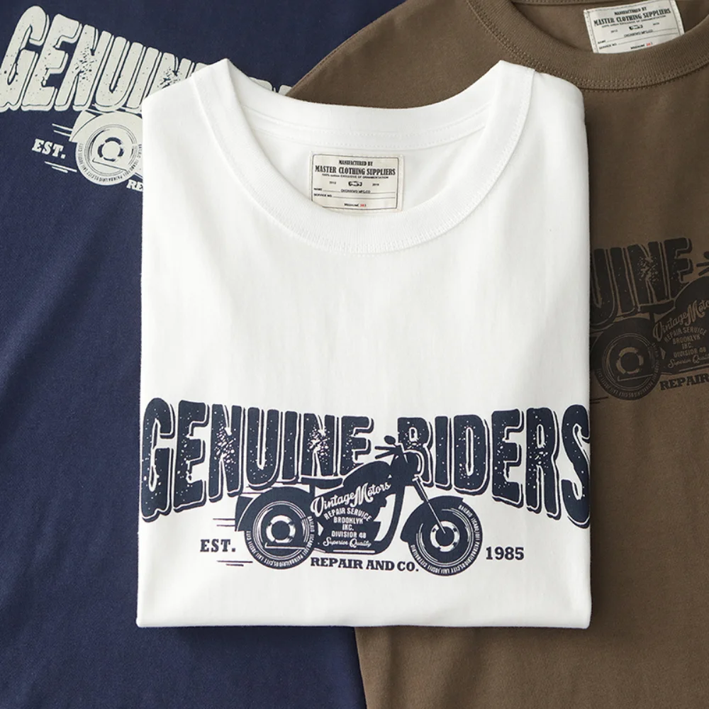 

Heavy May khaki print short sleeve T-shirt men's retro motorcycle cotton base shirt summer round neck T-shirt