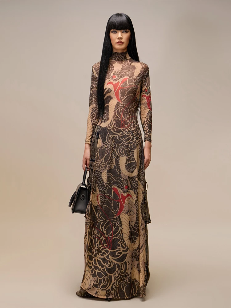 Women Aesthetic Dragon Print Mesh Maxi Dress Attractive Streetwear Bodycon Elegant Evening Dress OUT1108