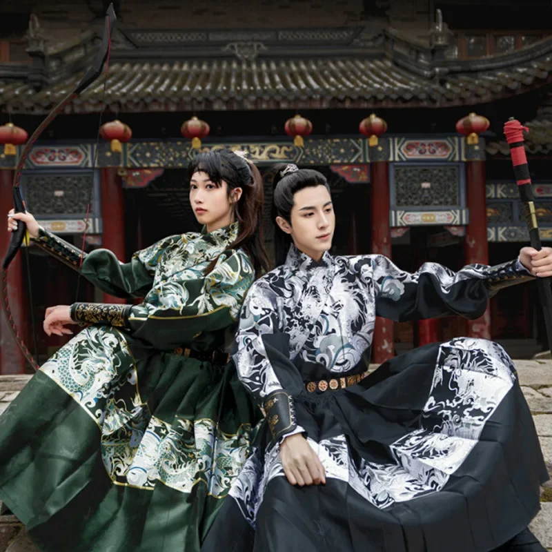 

Костюм ханьфу в старинном китайском стиле, мужской костюм с топом, юбкой и поясом, женский халат, костюм ханьфу для боевых искусств с принтом дракона, летающей рыбы
