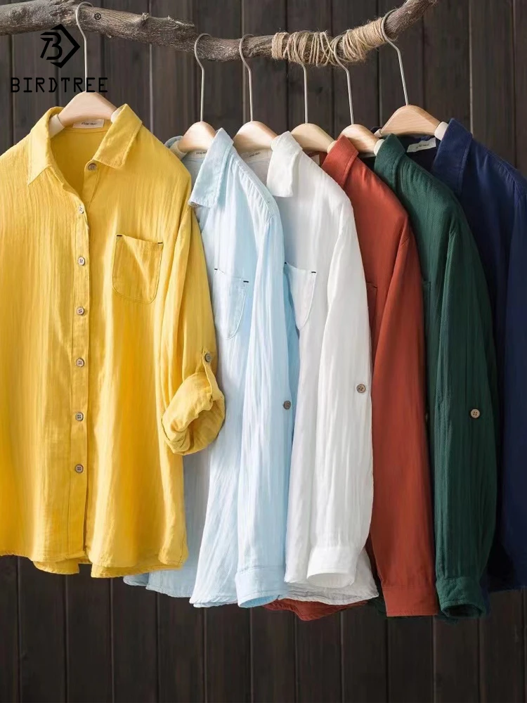

Новые осенние хлопковые однотонные рубашки, женские топы с отложным воротником, свободные блузки средней длины с длинными рукавами для девочек, универсальная весенняя одежда, T39436QC
