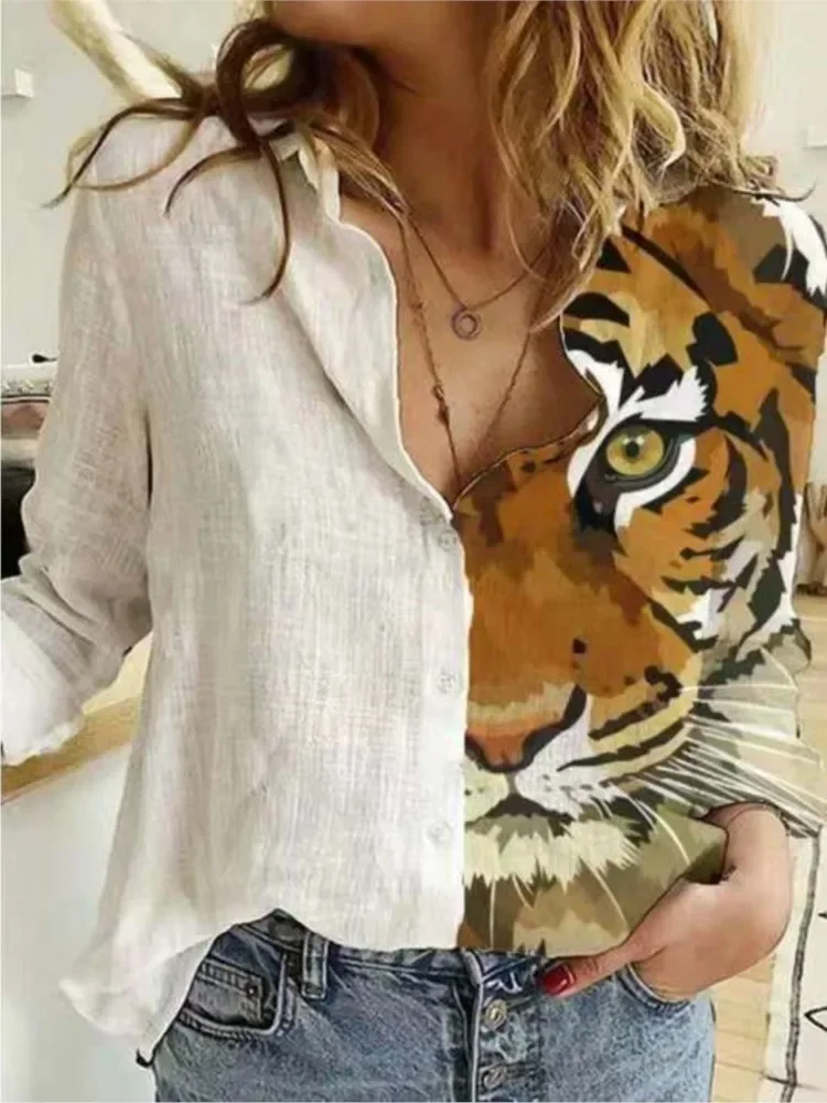 Blouse Women Tiger Print Shirt Loose Lapel Button Long Sleeve Office Lady Blouse Leisure Streetwear Tops
Blouse Women Tiger Print Shirt Loose Lapel Button Long Sleeve Office Lady Blouse Leisure Streetwear Tops