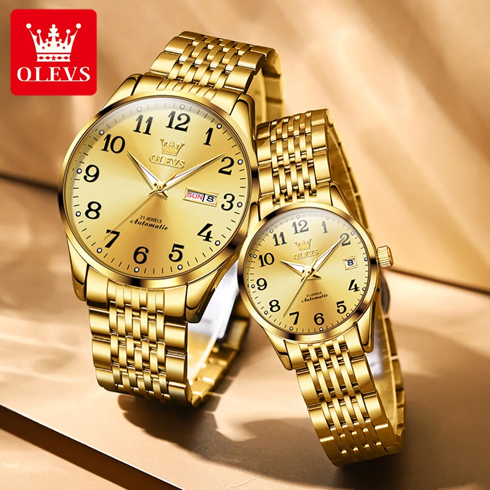 OLEVS-Montre mécanique entièrement automatique pour hommes et femmes, marque de luxe, calendrier des touristes, balance numérique, montre dorée étanche pour couple 3