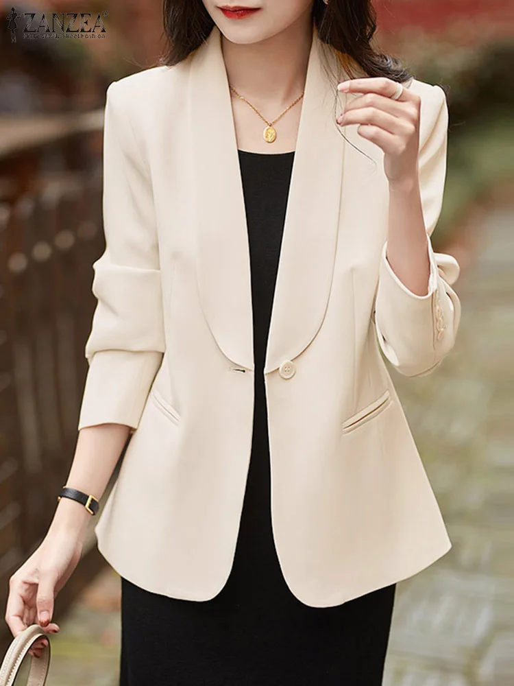 

Модный однотонный Блейзер ZANZEA в Корейском стиле, Женская винтажная одежда для работы, женские элегантные куртки с длинным рукавом, весенние пальто с воротником с лацканами и пуговицами