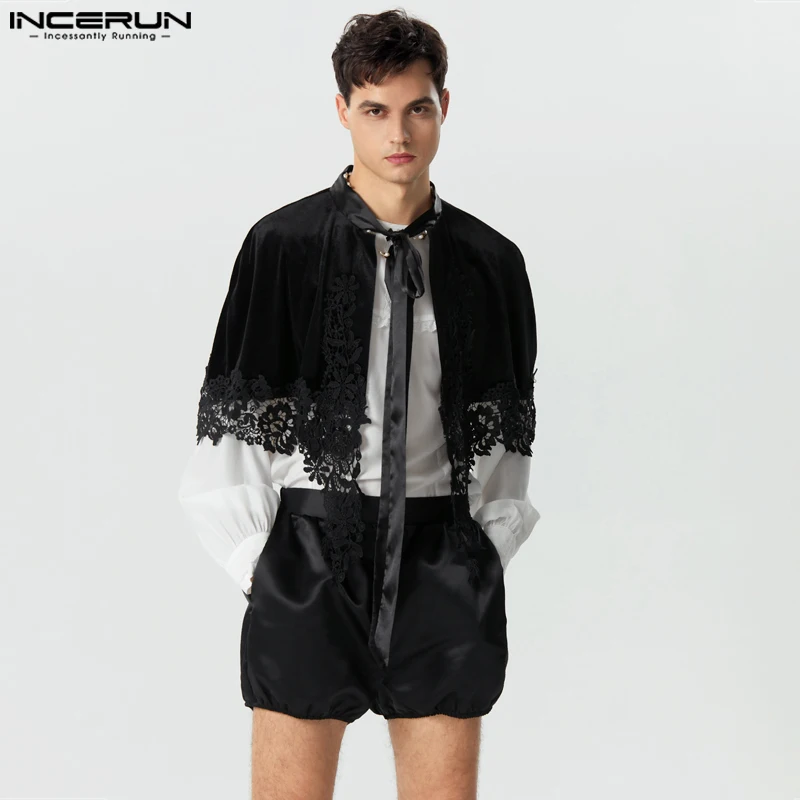 

American Style Handsome New Men Lace up Decorative Trench Casual Fashion Male Loose Patchwork Cape Coats S-5XL INCERUN Tops 2023