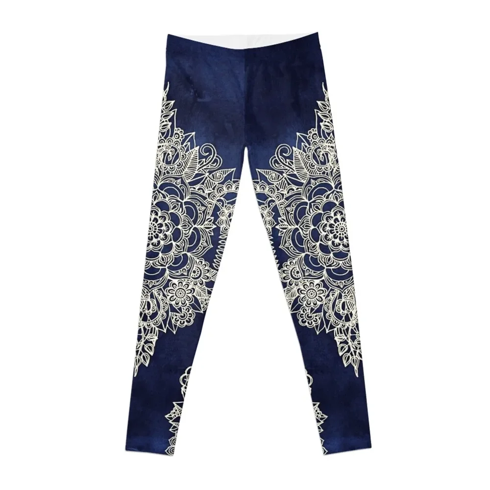 

Cream Floral Moroccan Pattern on Deep Indigo Ink Leggings Women's push up trousers legging pants raises butt Womens Leggings