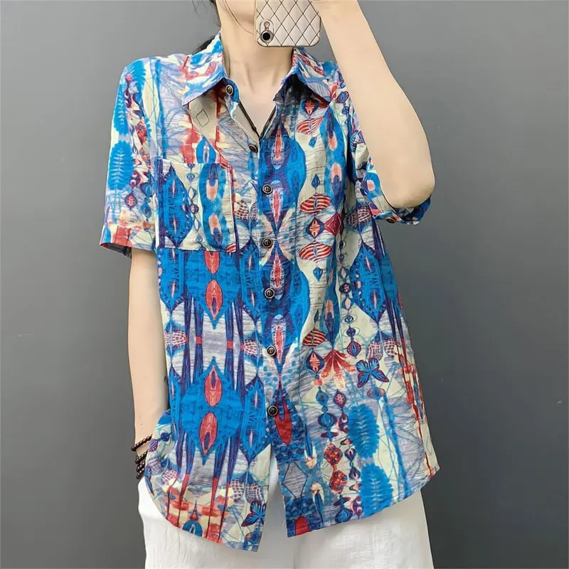 

Summer Vintage Folk Printed Blouse Commute Single-breasted Female Clothing Casual Turn-down Collar Pockets Spliced Shirt 2023