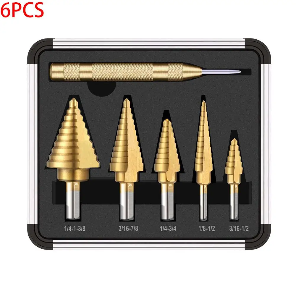 6PCS Two-Flute Titanium Step Drill Bits 1/4" Hex Shank Automatic Cone Center Punch Set For Ccurate Locator Metal Plastic
6PCS Two-Flute Titanium Step Drill Bits 1/4" Hex Shank Automatic Cone Center Punch Set For Ccurate Locator Metal Plastic
