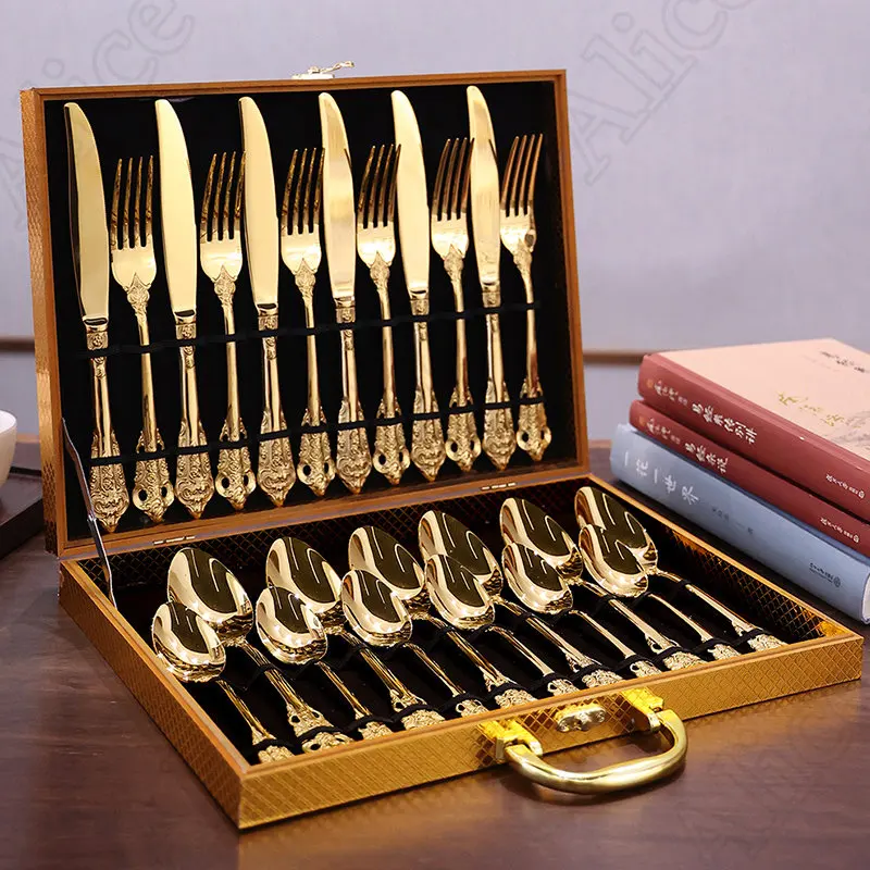 

Набор столовых приборов с ложкой и вилкой, набор из 24 резных золотых столовых приборов во французском дворцовом скандинавском стиле, декор для обеденного стола, деревянная коробка