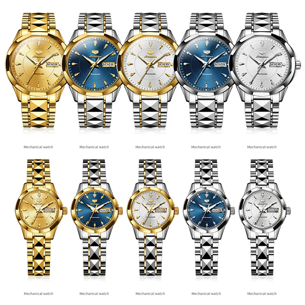 JSDUN-Montre mécanique automatique pour couple romantique, bande en acier au tungstène, mouvement importé, amoureux 6