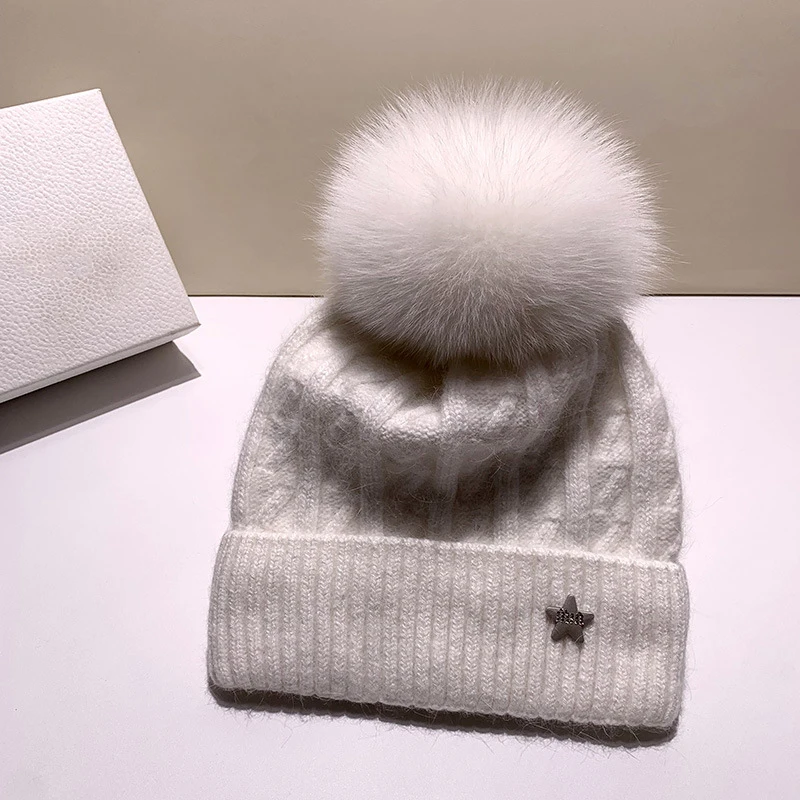 

Hat Women Winter Angora Knit Beanie Rhinestone Real Fur Pompom Fleece Lining Autumn Warm Skiing Accessory For Sports Outdoor