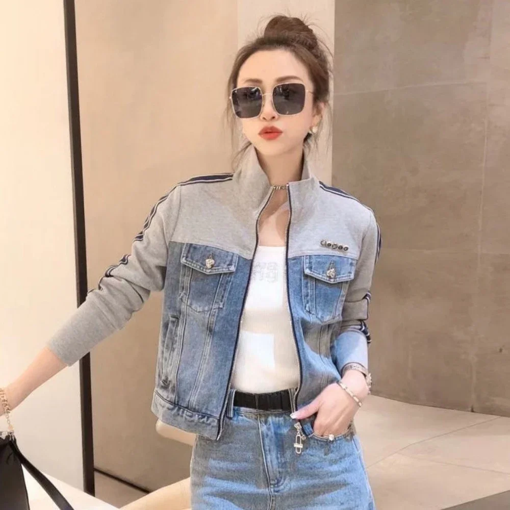 

Short Crop Women's Denim Jackets Small Stand Collar Female Jeans Coat Patchwork Spring Autumn Low Price New in Deals Outerwears