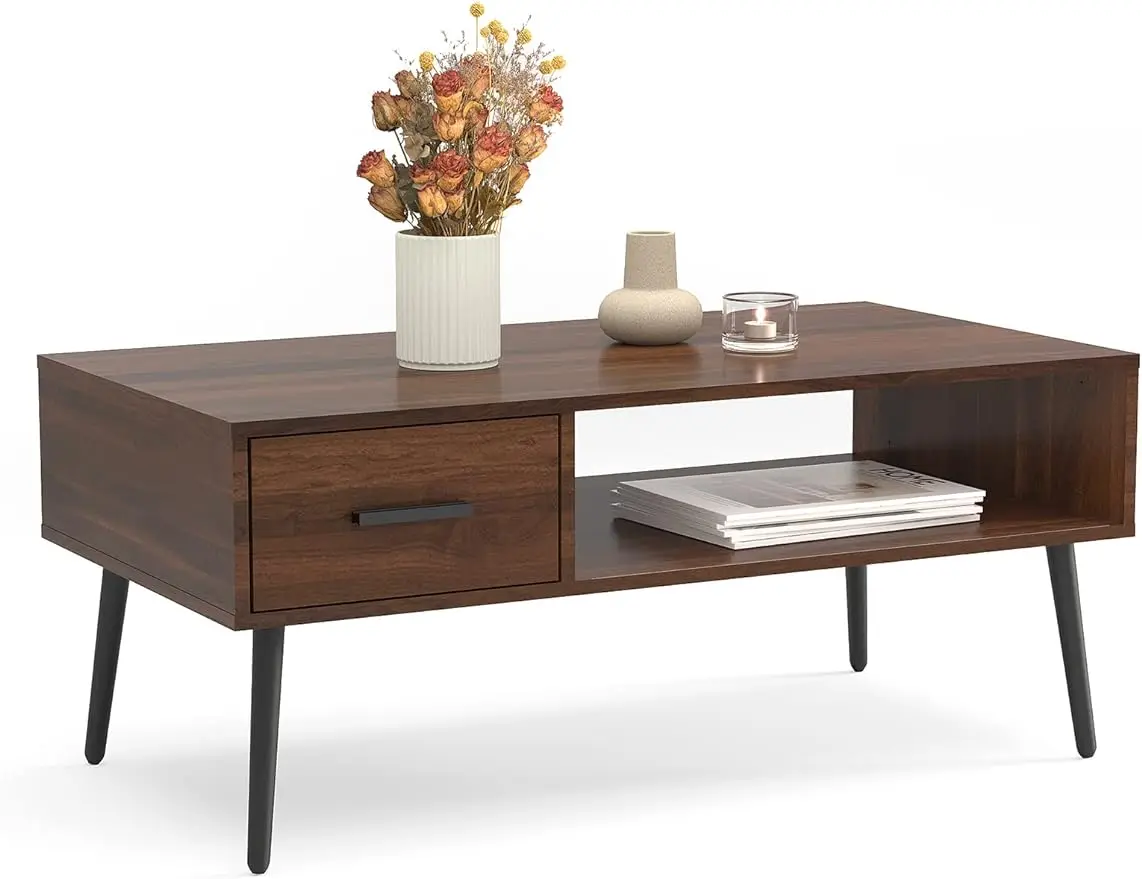 

HAIOOU Coffee Table Mid Century Modern Style Cocktail Table TV Stand with Drawer Open Storage Shelf,Stable Floor-Anti-Scratching